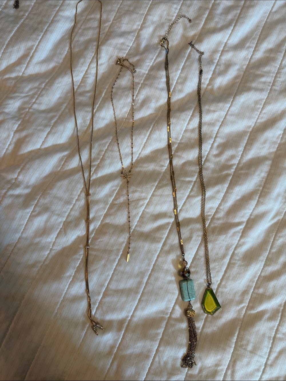 Gold-Tone Layered Pendant Necklace with Green and Turquoise Accents